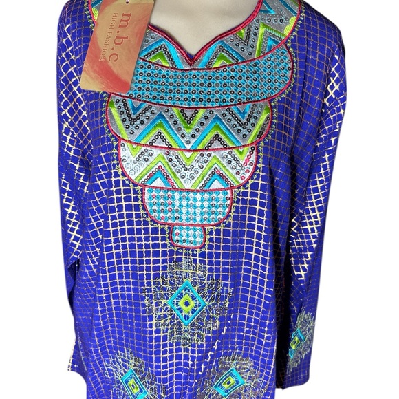 BNWT m.b.c Kaftan MooMoo Long Sleeve Iridescent Sequin Peacock Kaftan Dress OS - Picture 2 of 5